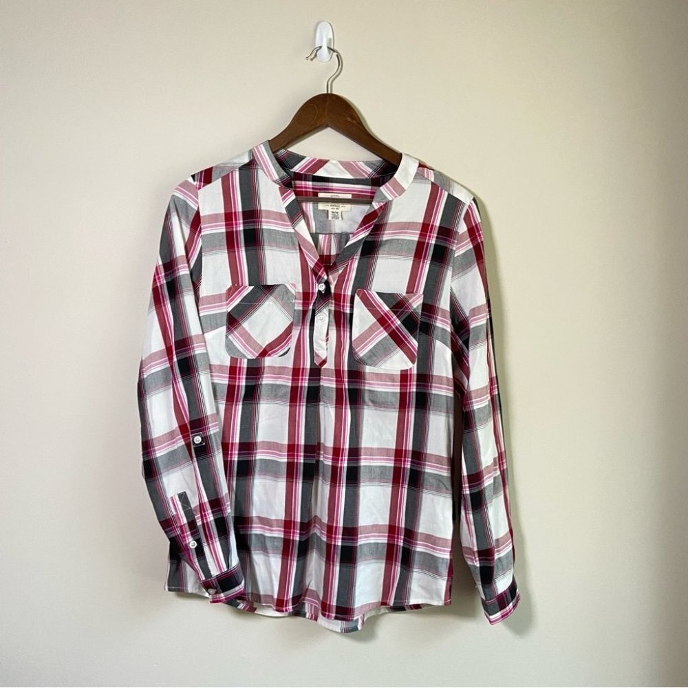Weatherproof Vintage Faux Button Down Pull Over Pink White Plaid Medium